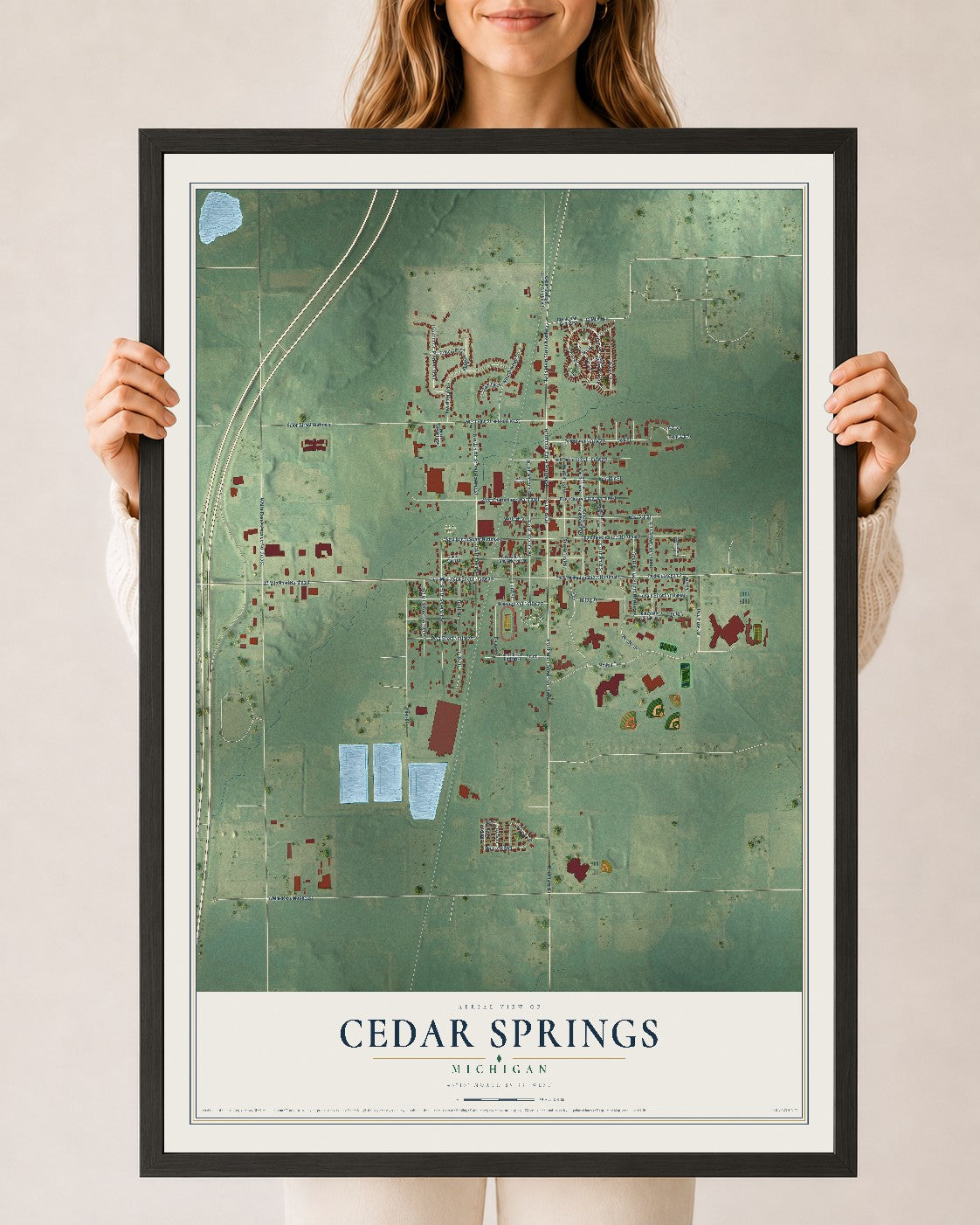 Map of Cedar Springs, Michigan, 24 x 36 inch print in a black wood frame