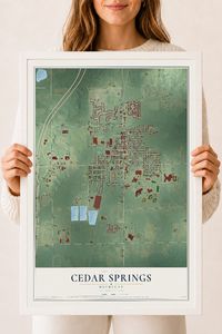 Map of Cedar Springs, Michigan, 18 x 24 inch print in a white wood frame
