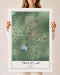 Map of Cedar Springs, Michigan, 24 x 36 inch print in a white wood frame