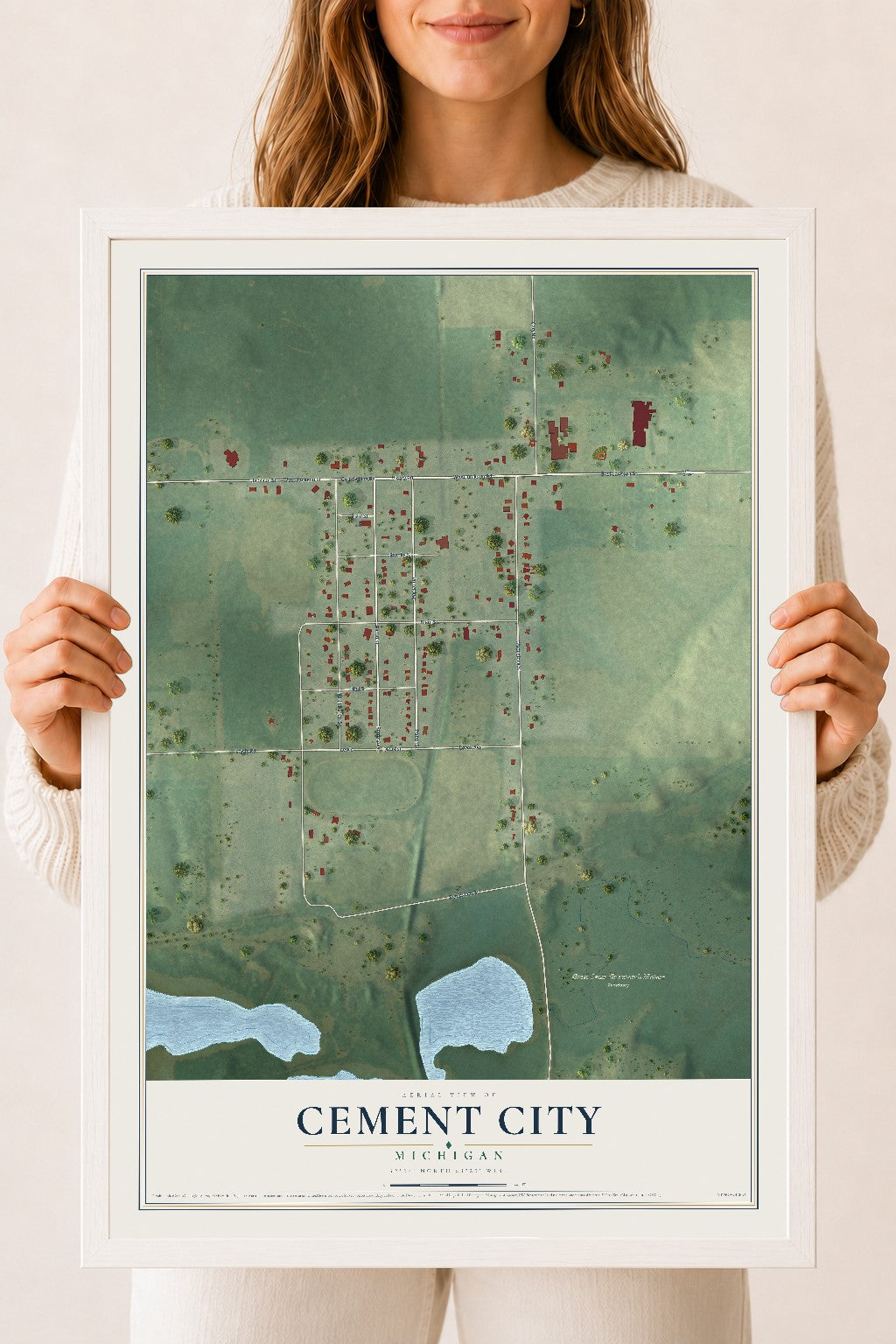 Map of Cement City, Michigan, 18 x 24 inch print in a white wood frame