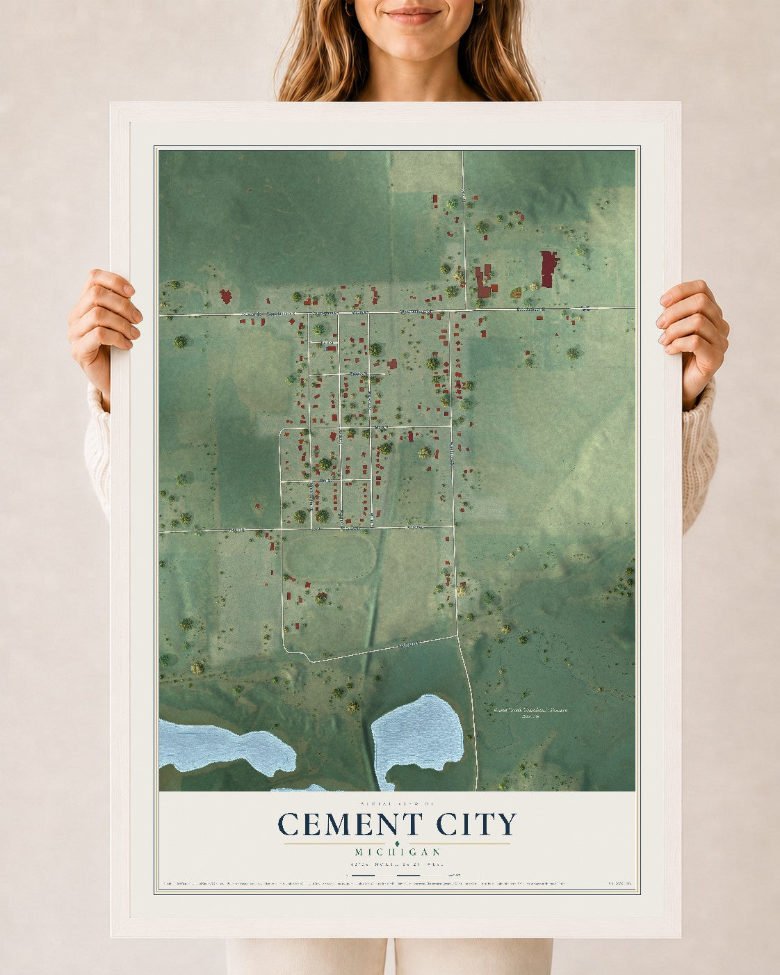 Map of Cement City, Michigan, 24 x 36 inch print in a white wood frame