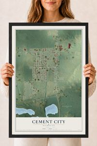 Map of Cement City, Michigan, 18 x 24 inch print in a black wood frame