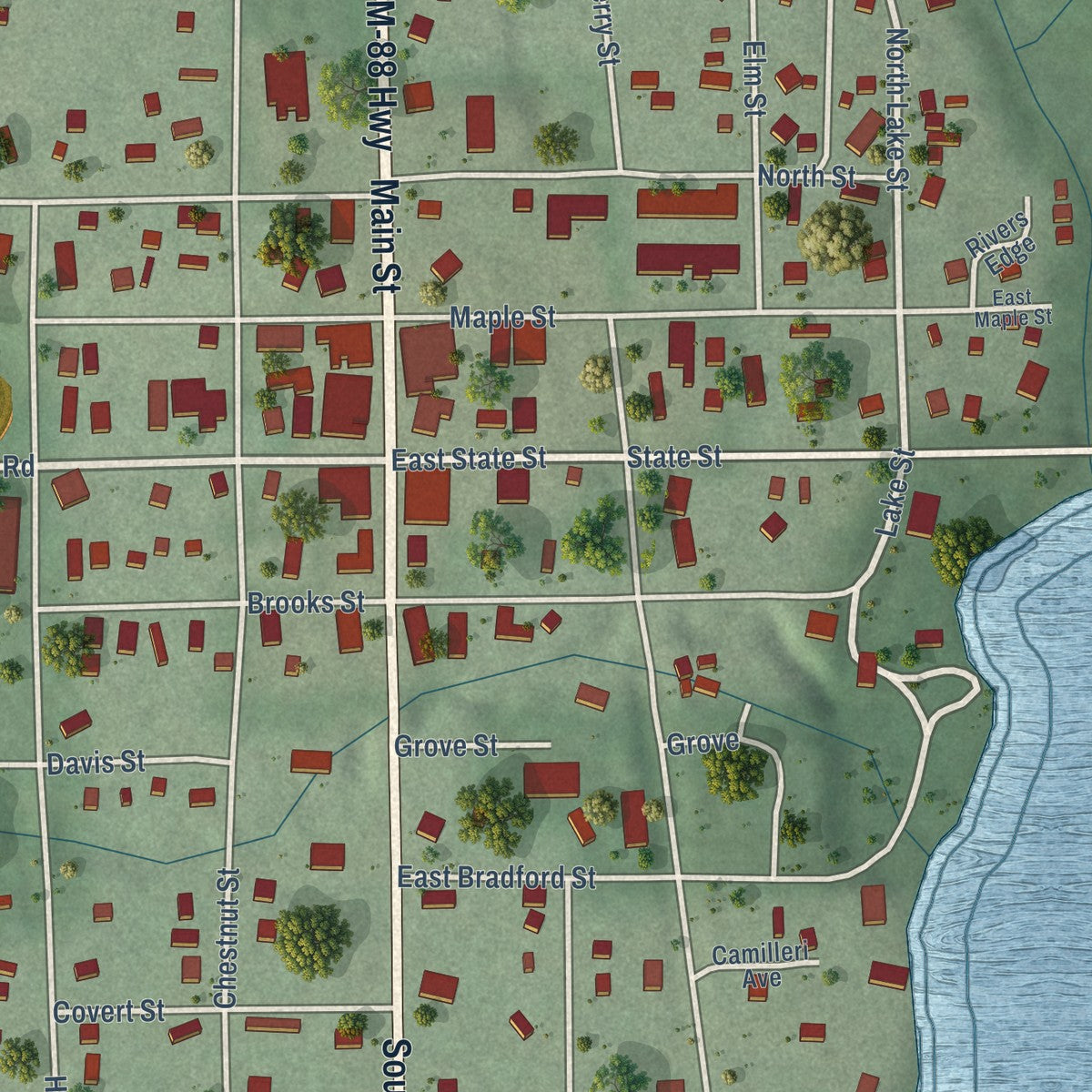 Close-up of the map of Central Lake, Michigan print showing street and building detail
