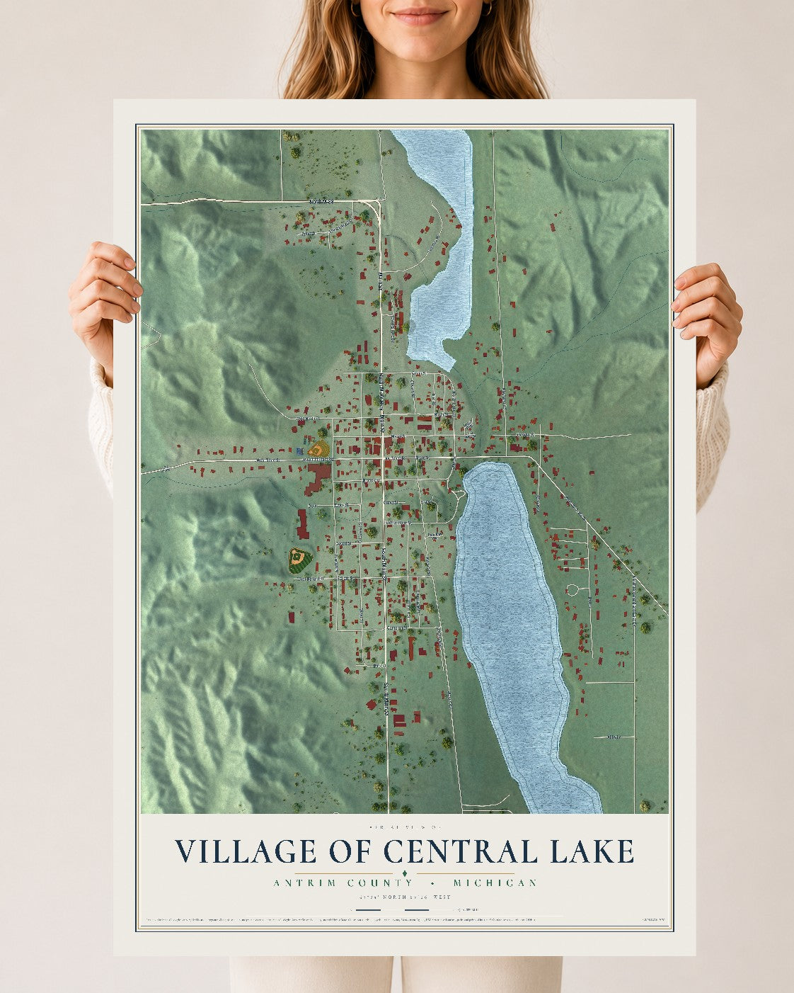 Map of Central Lake, Michigan, 24 x 36 inch unframed archival matte print