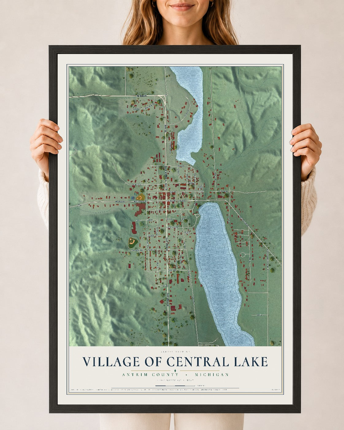 Map of Central Lake, Michigan, 24 x 36 inch print in a black wood frame