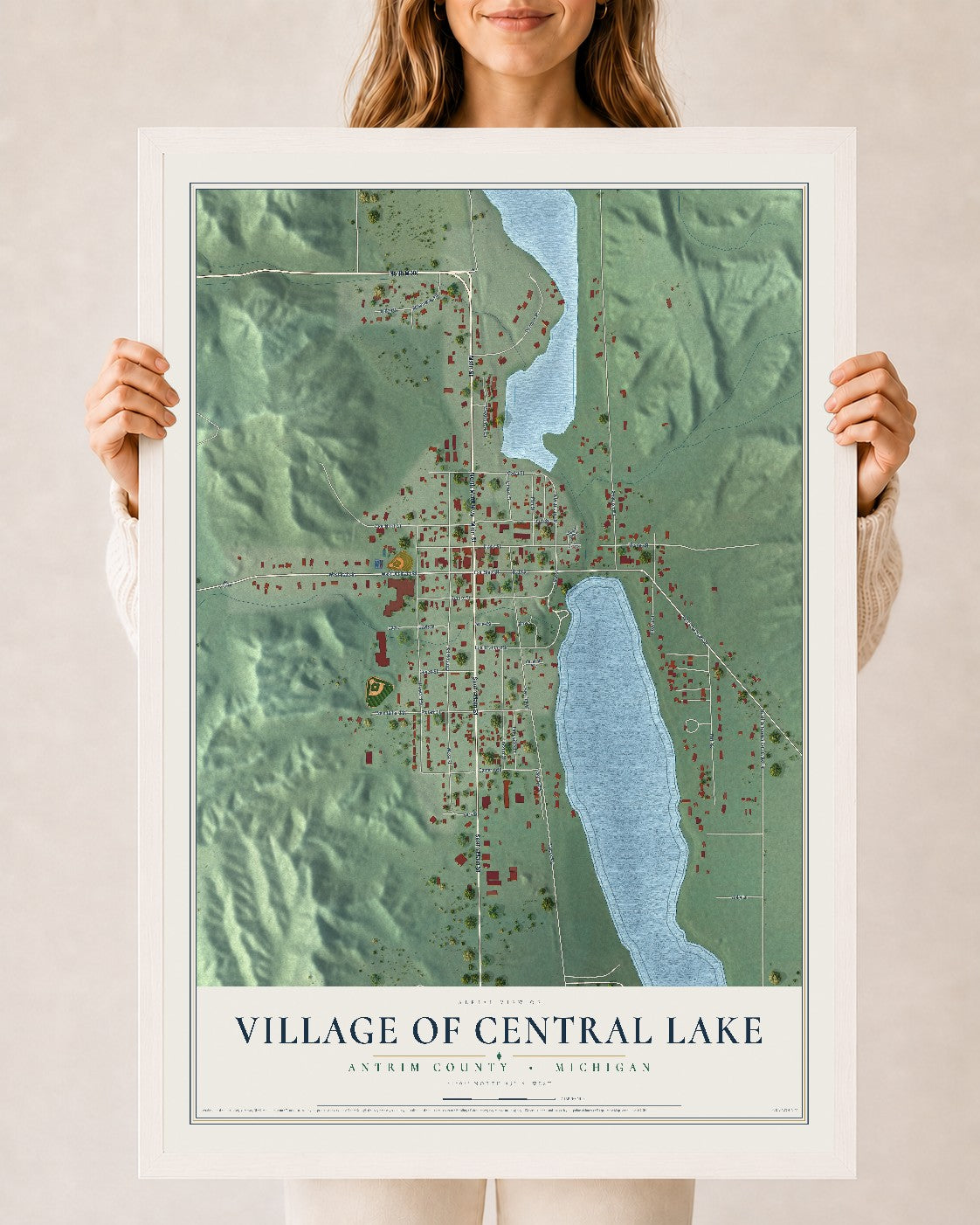 Map of Central Lake, Michigan, 24 x 36 inch print in a white wood frame