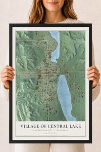 Map of Central Lake, Michigan, 18 x 24 inch print in a black wood frame