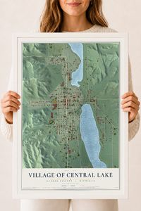 Map of Central Lake, Michigan, 18 x 24 inch print in a white wood frame