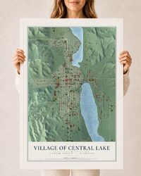 Map of Central Lake, Michigan, 24 x 36 inch print in a white wood frame