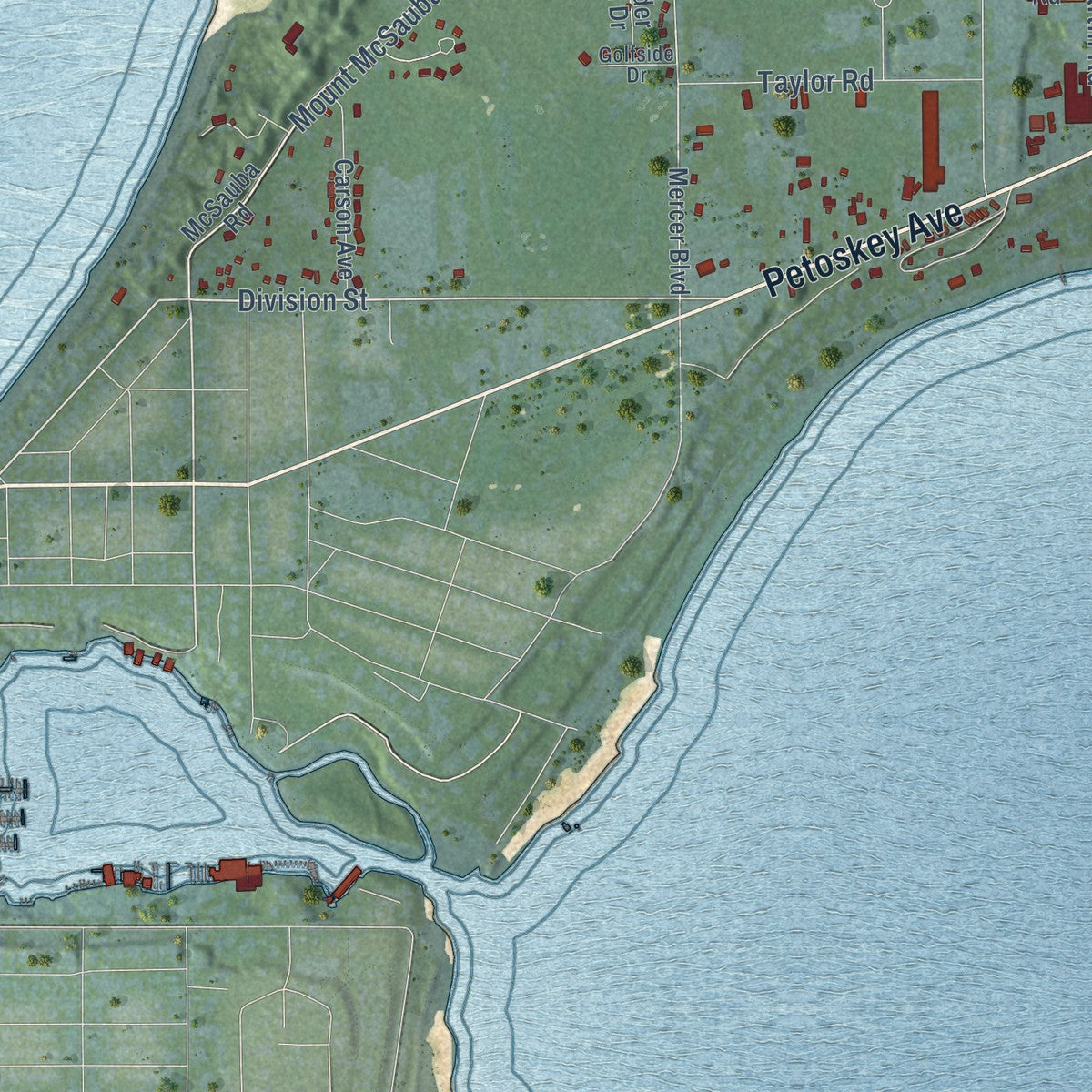 Close-up of the map of Charlevoix, Charlevoix County, Michigan print showing street and building detail