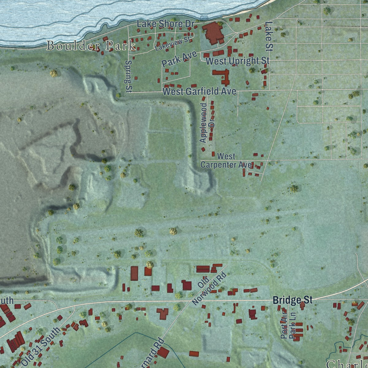 Second close-up of the map of Charlevoix, Charlevoix County, Michigan print showing more streets and buildings