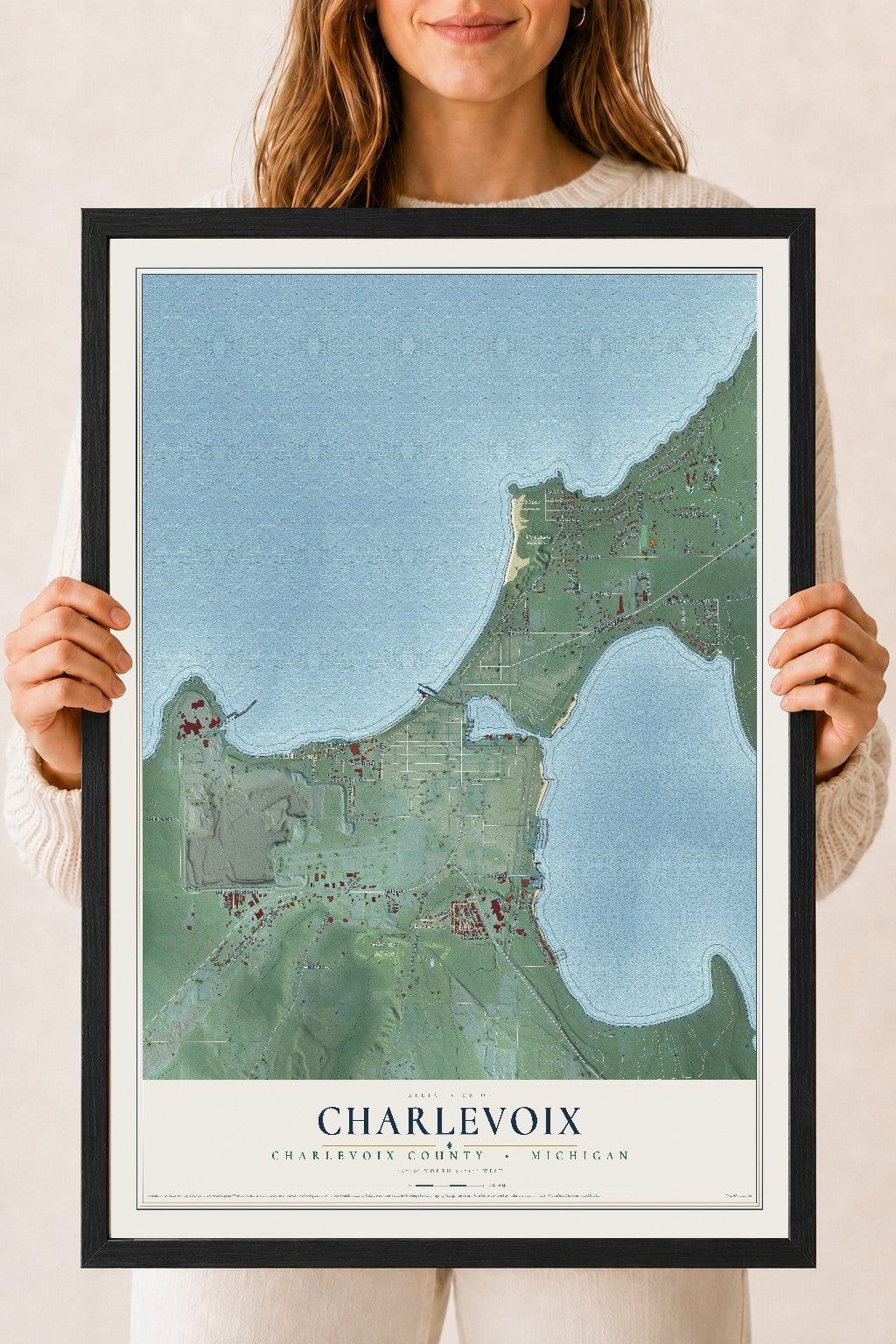 Map of Charlevoix, Charlevoix County, Michigan, 18 x 24 inch print in a black wood frame
