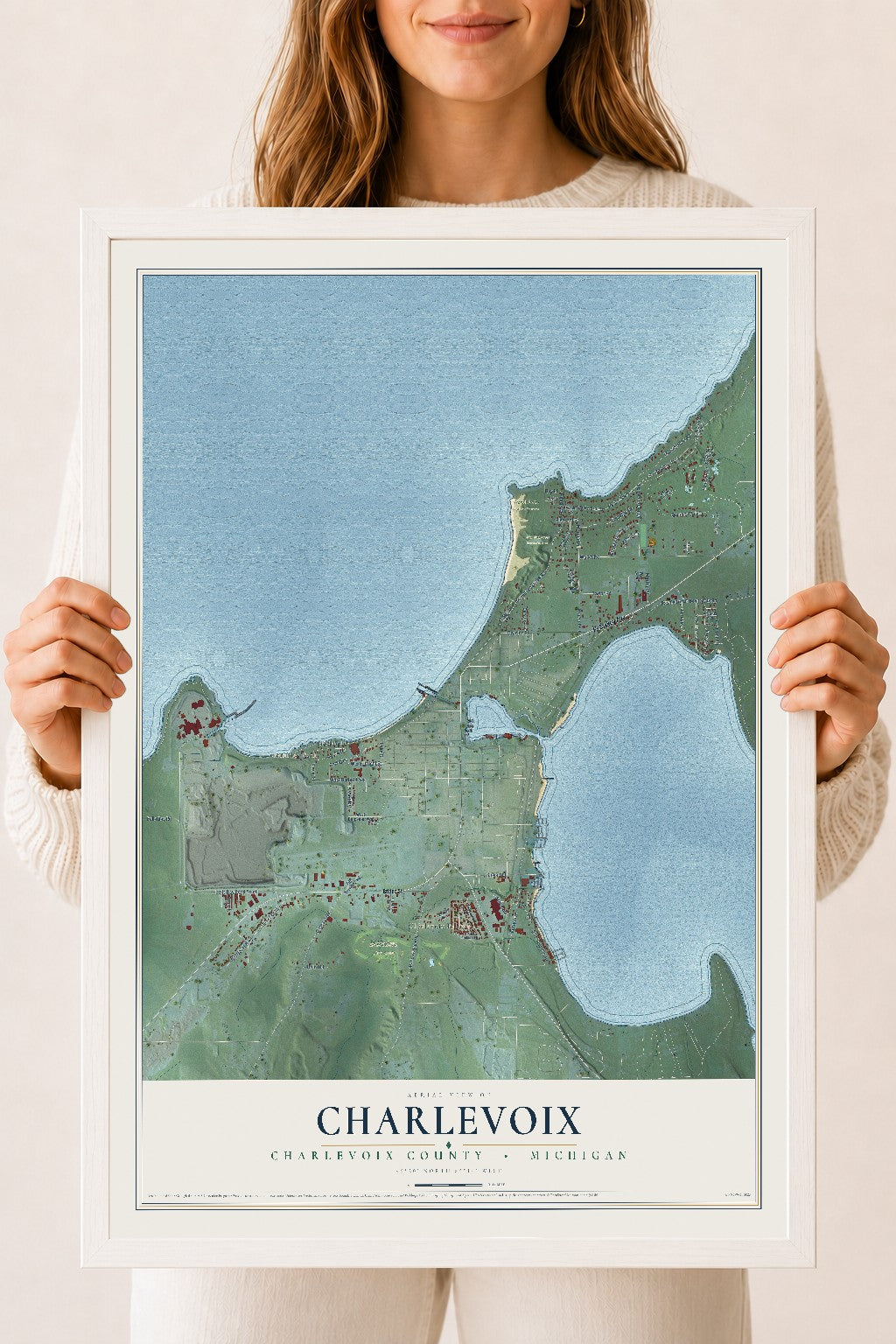Map of Charlevoix, Charlevoix County, Michigan, 18 x 24 inch print in a white wood frame