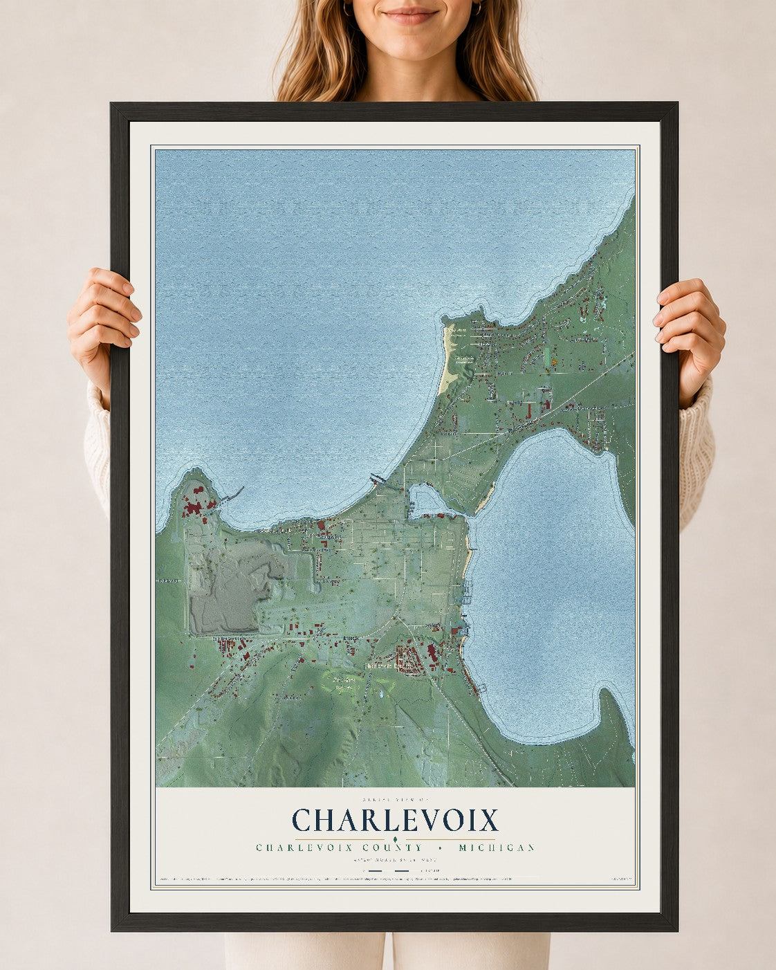 Map of Charlevoix, Charlevoix County, Michigan, 24 x 36 inch print in a black wood frame