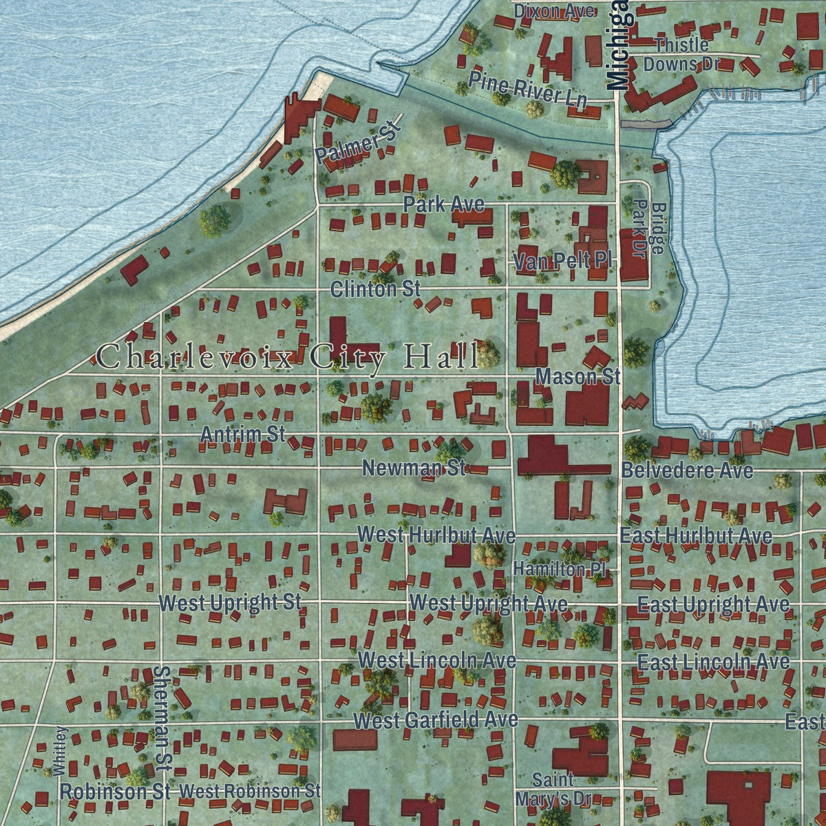 Close-up of the map of Charlevoix, Michigan print showing street and building detail