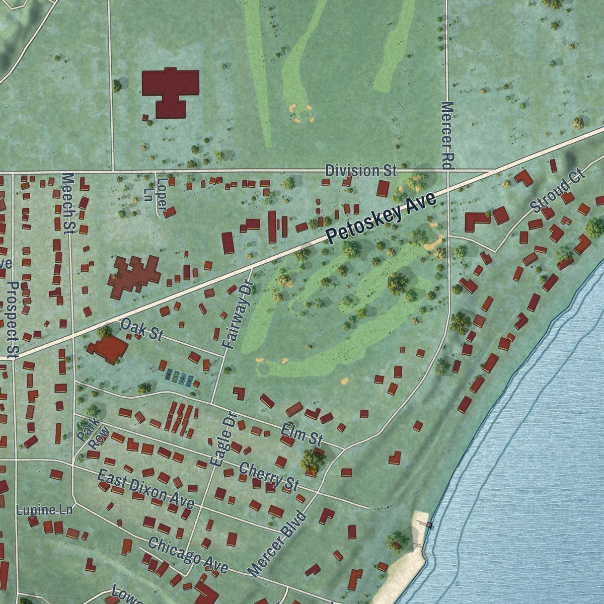 Second close-up of the map of Charlevoix, Michigan print showing more streets and buildings