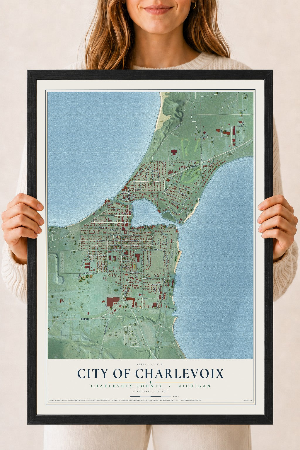 Map of Charlevoix, Michigan, 18 x 24 inch print in a black wood frame