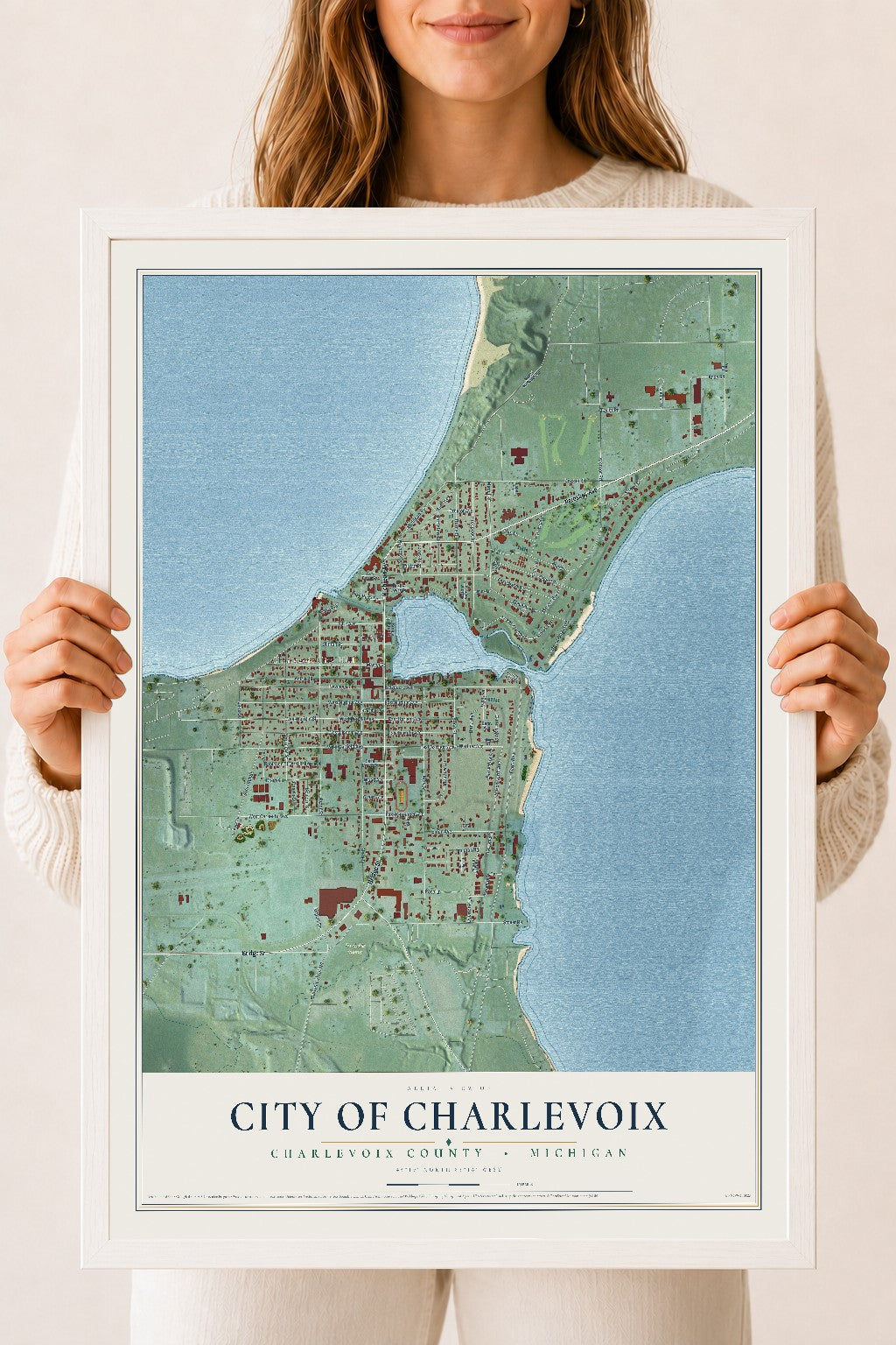 Map of Charlevoix, Michigan, 18 x 24 inch print in a white wood frame