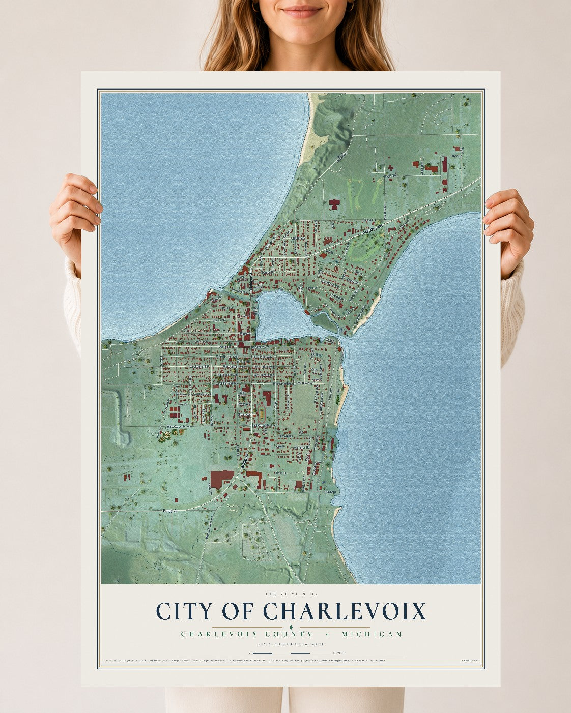 Map of Charlevoix, Michigan, 24 x 36 inch unframed archival matte print