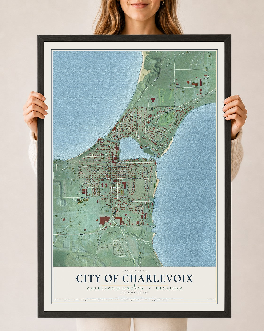 Map of Charlevoix, Michigan, 24 x 36 inch print in a black wood frame