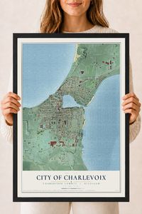 Map of Charlevoix, Michigan, 18 x 24 inch print in a black wood frame