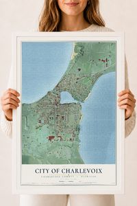 Map of Charlevoix, Michigan, 18 x 24 inch print in a white wood frame