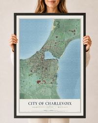 Map of Charlevoix, Michigan, 24 x 36 inch print in a black wood frame