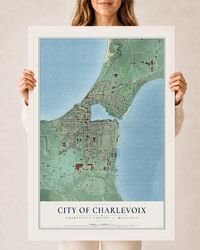 Map of Charlevoix, Michigan, 24 x 36 inch print in a white wood frame
