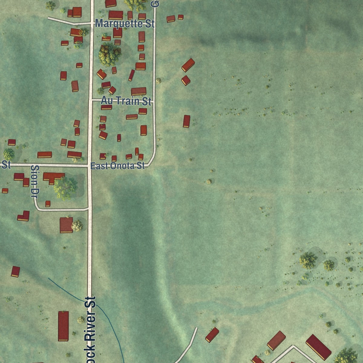 Close-up of the map of Chatham, Michigan print showing street and building detail