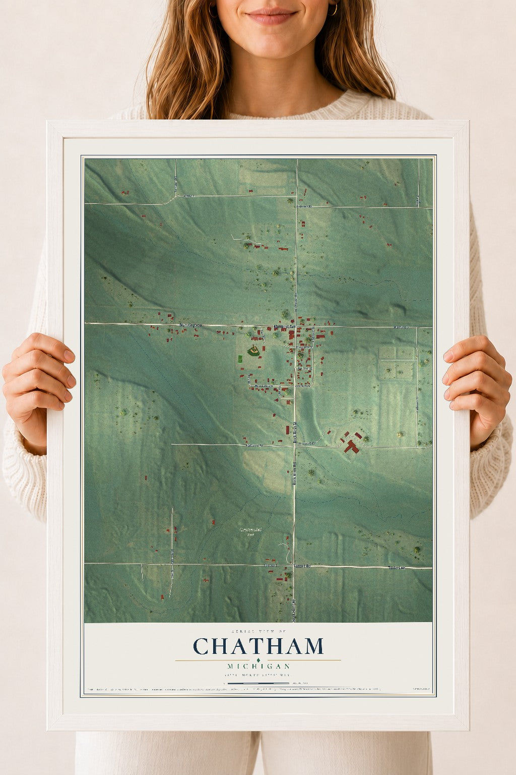 Map of Chatham, Michigan, 18 x 24 inch print in a white wood frame