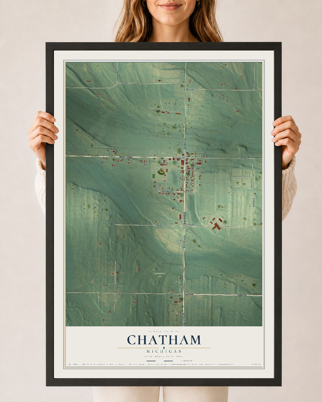 Map of Chatham, Michigan, 24 x 36 inch print in a black wood frame