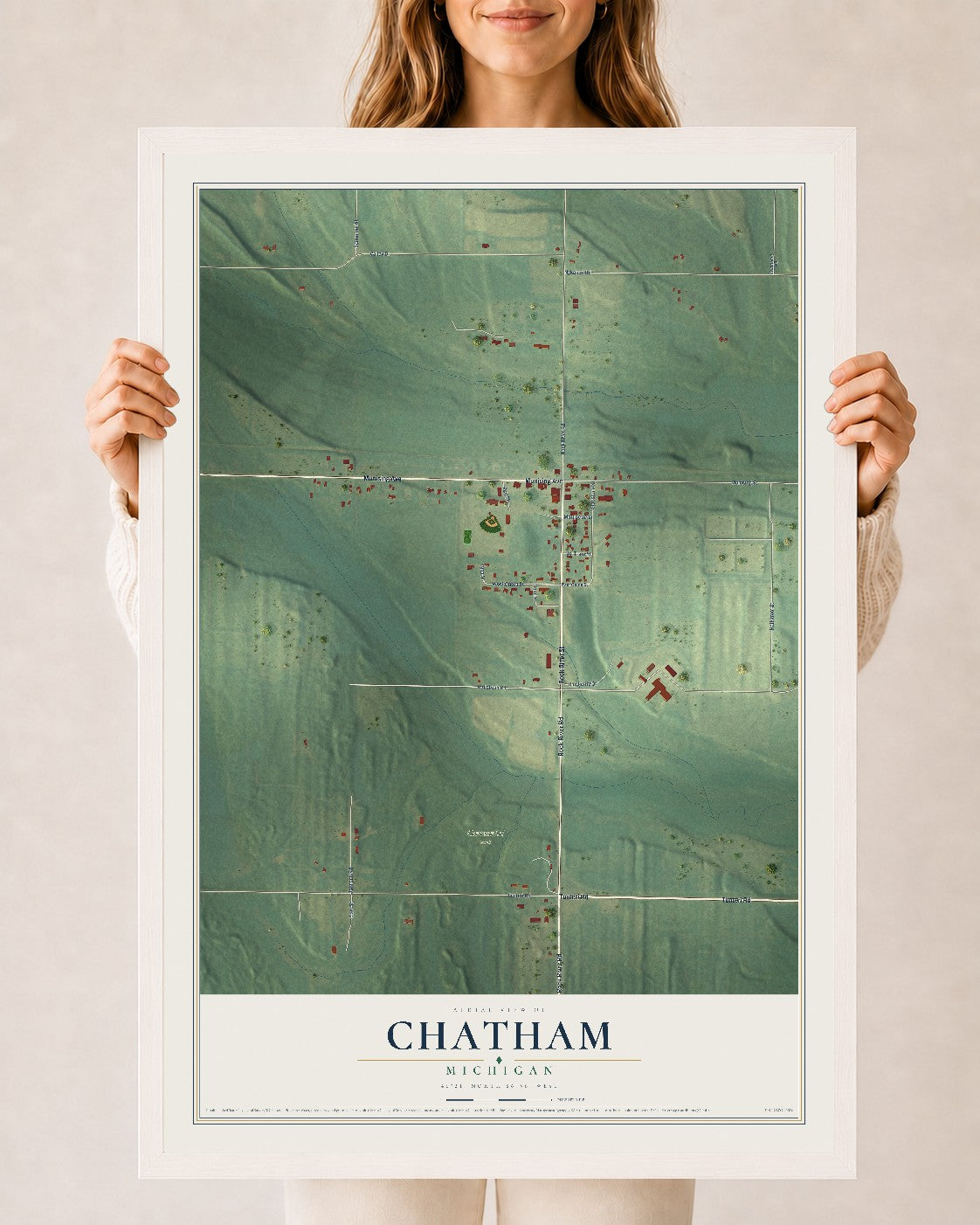 Map of Chatham, Michigan, 24 x 36 inch print in a white wood frame