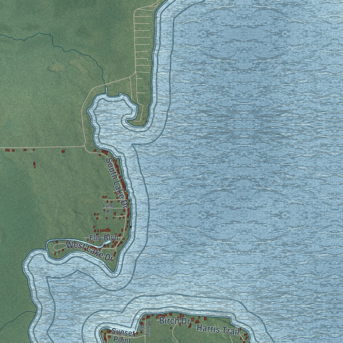 Close-up of the map of Cherry Grove, Michigan print showing street and building detail