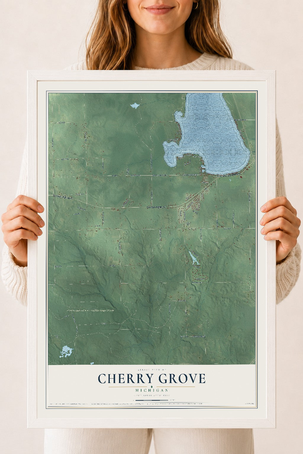 Map of Cherry Grove, Michigan, 18 x 24 inch print in a white wood frame