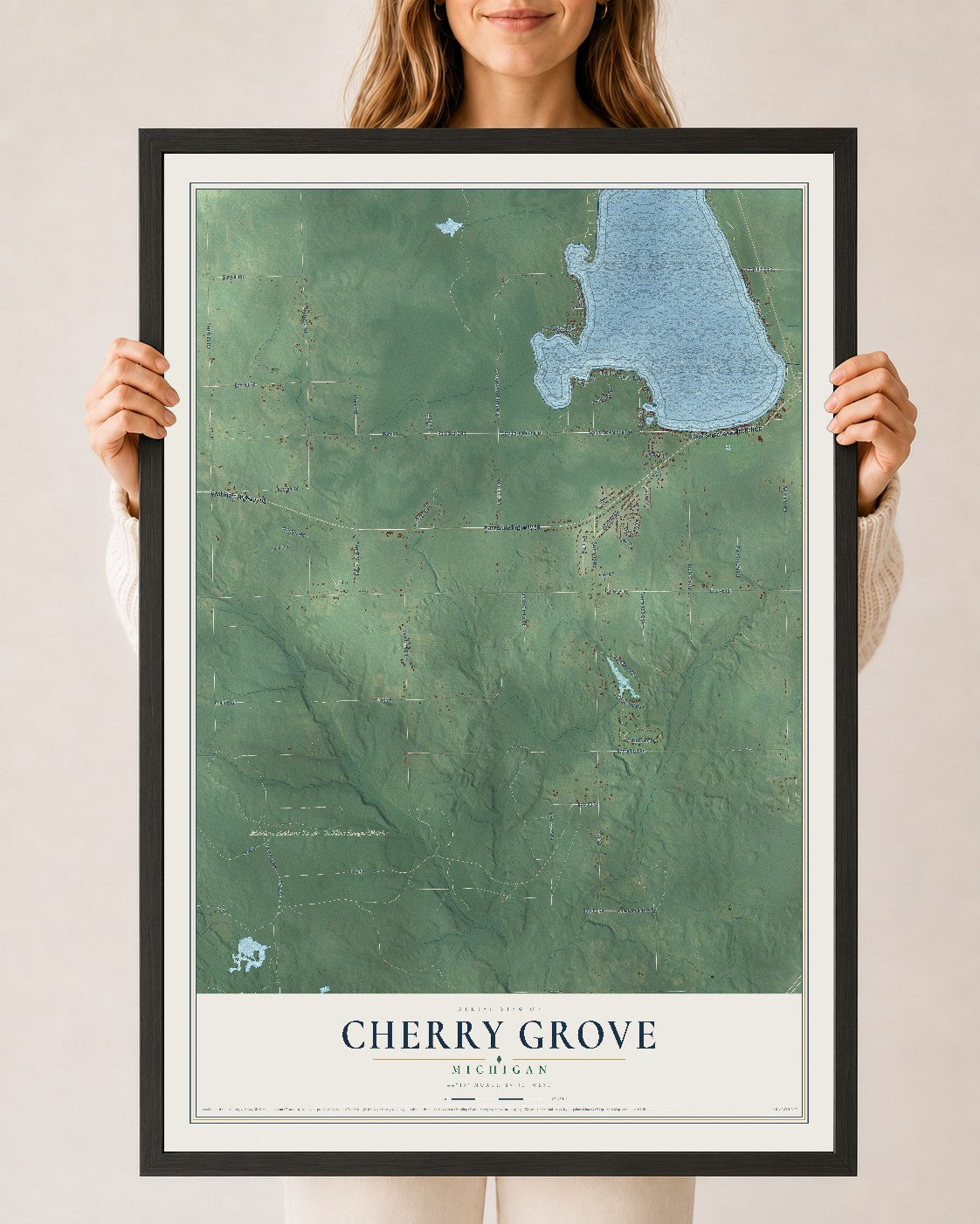 Map of Cherry Grove, Michigan, 24 x 36 inch print in a black wood frame
