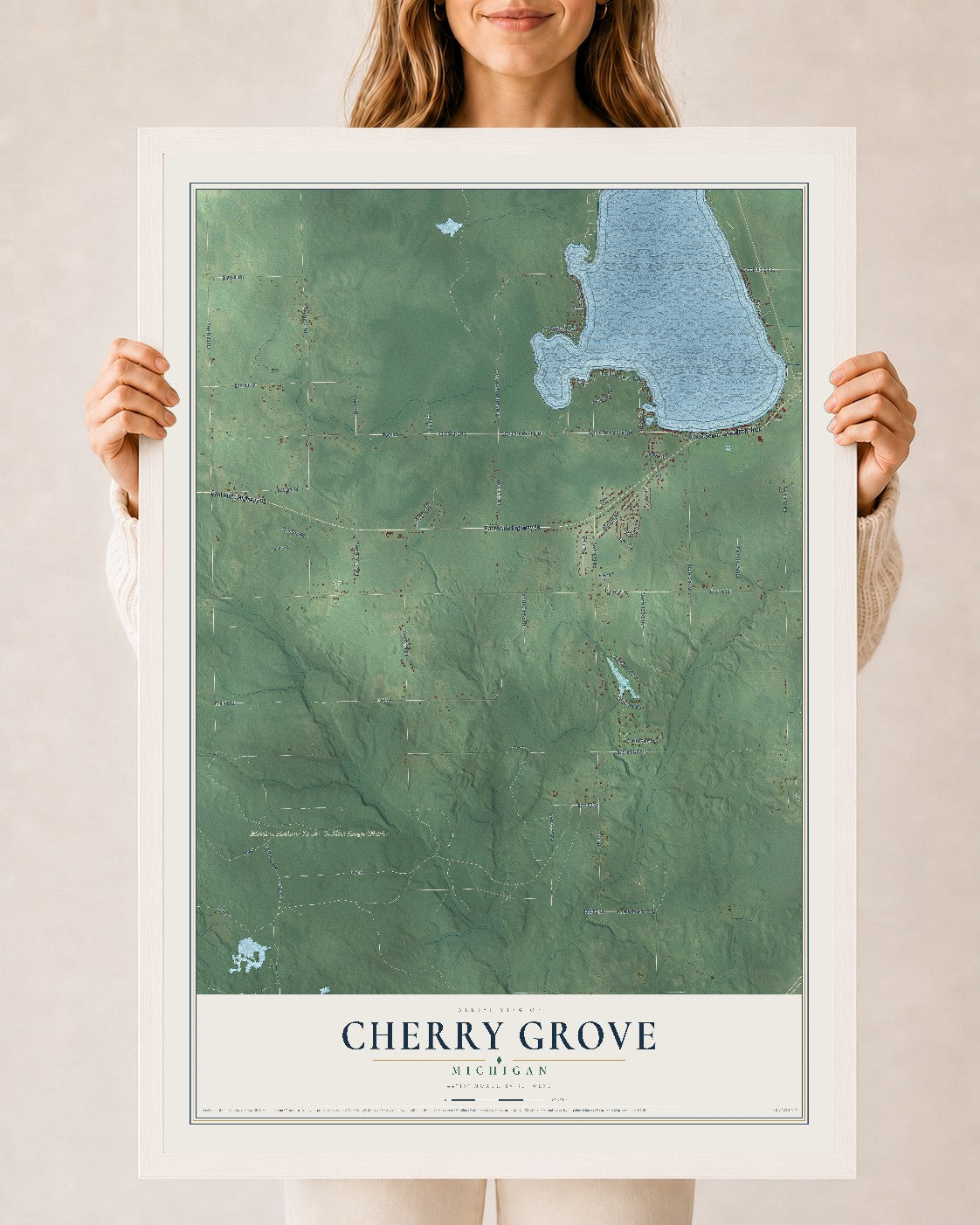 Map of Cherry Grove, Michigan, 24 x 36 inch print in a white wood frame