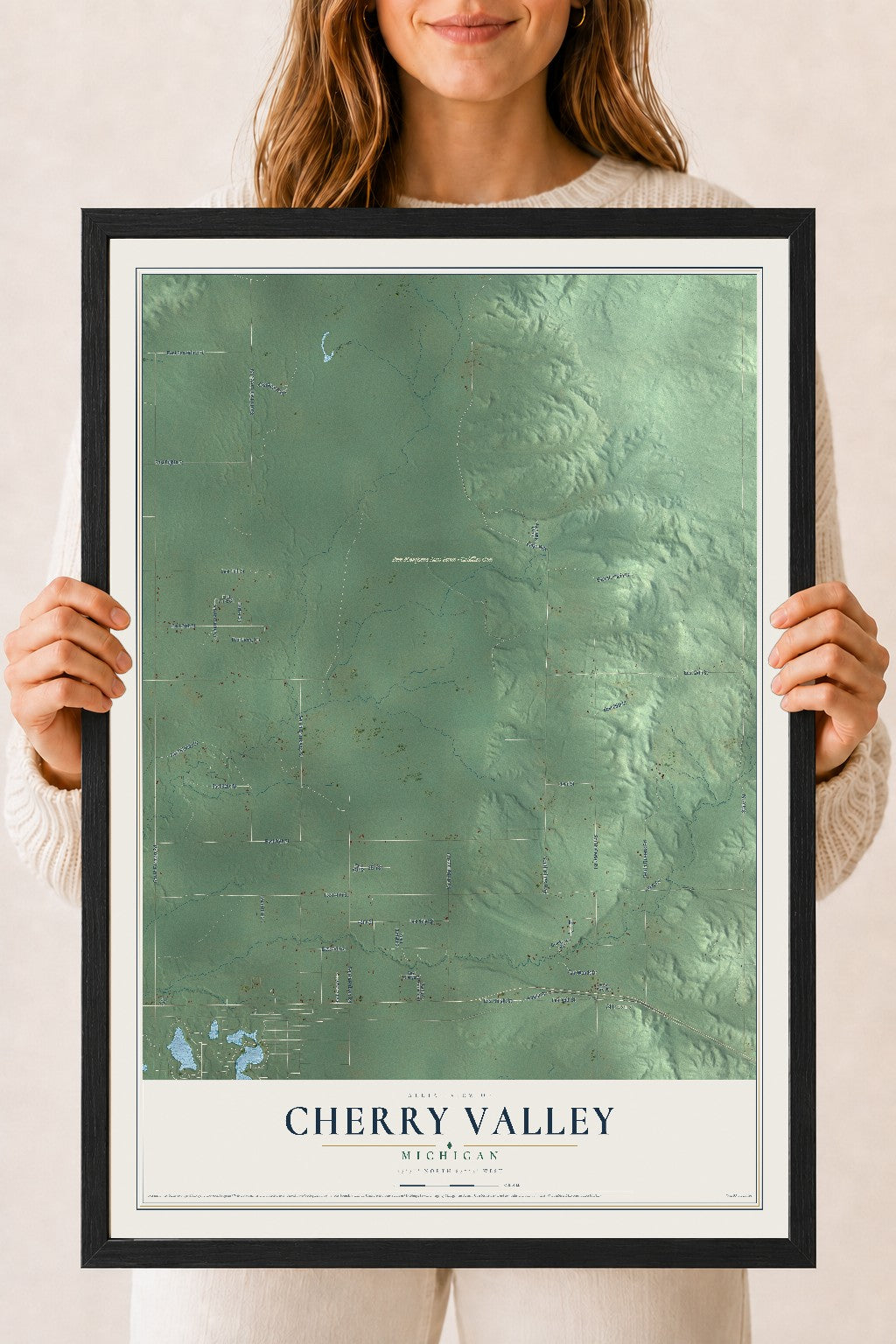 Map of Cherry Valley, Michigan, 18 x 24 inch print in a black wood frame