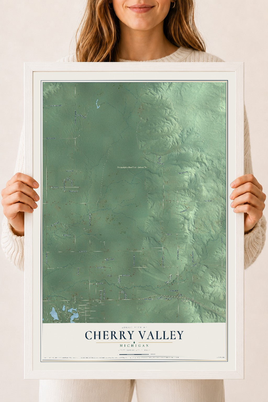 Map of Cherry Valley, Michigan, 18 x 24 inch print in a white wood frame
