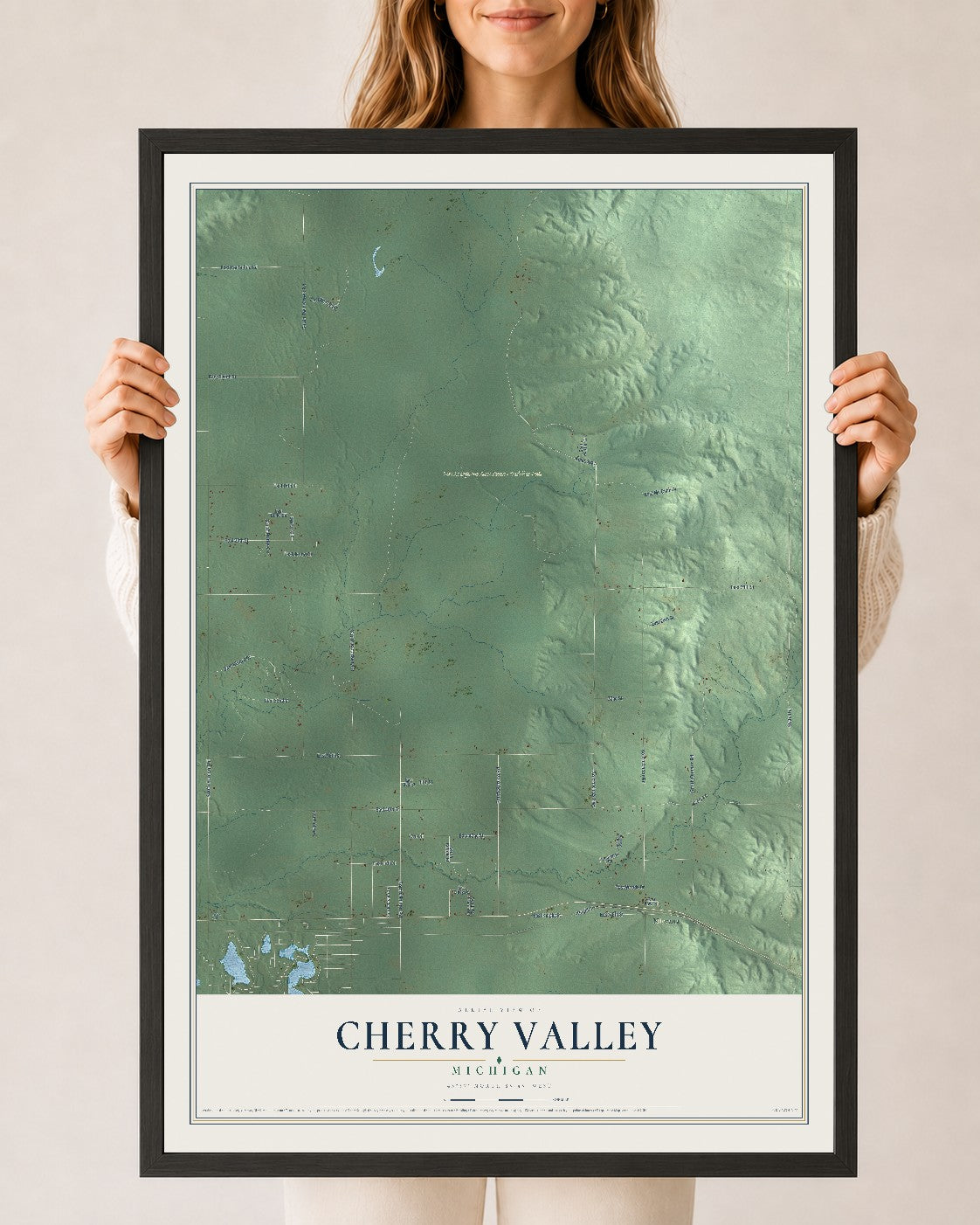 Map of Cherry Valley, Michigan, 24 x 36 inch print in a black wood frame
