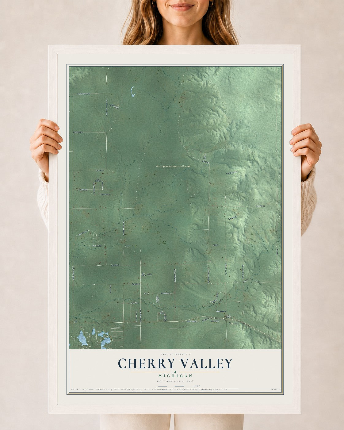 Map of Cherry Valley, Michigan, 24 x 36 inch print in a white wood frame