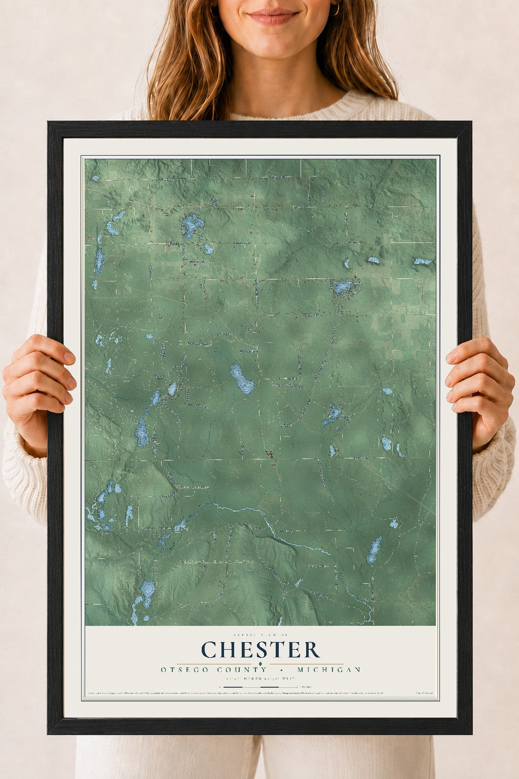 Map of Chester, Otsego County, Michigan, 18 x 24 inch print in a black wood frame
