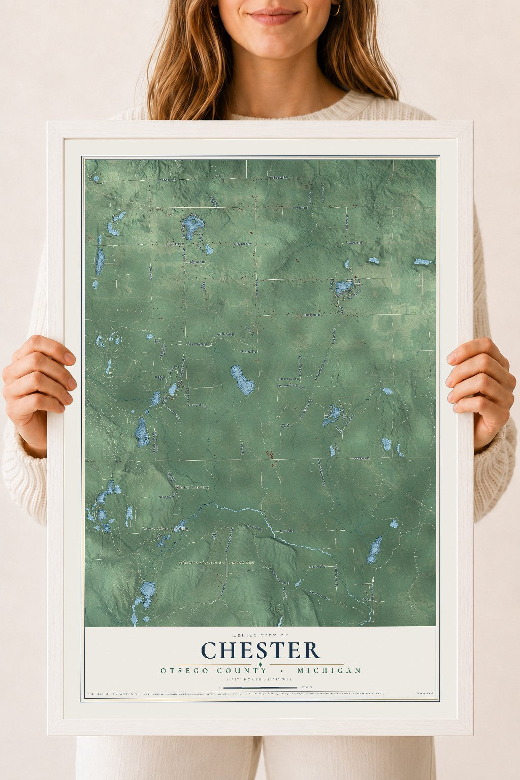 Map of Chester, Otsego County, Michigan, 18 x 24 inch print in a white wood frame