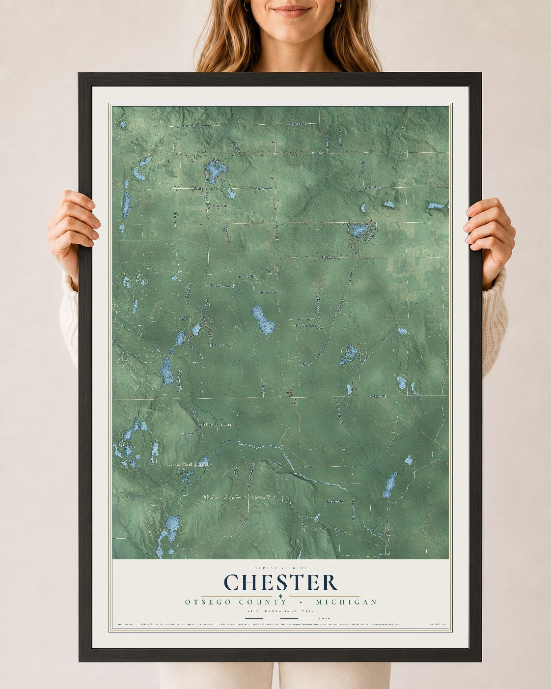 Map of Chester, Otsego County, Michigan, 24 x 36 inch print in a black wood frame
