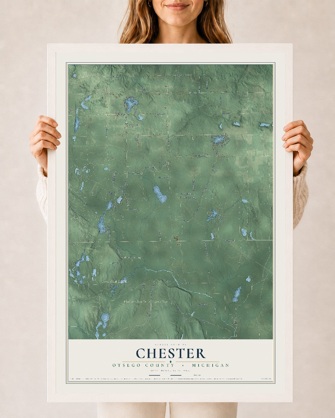 Map of Chester, Otsego County, Michigan, 24 x 36 inch print in a white wood frame