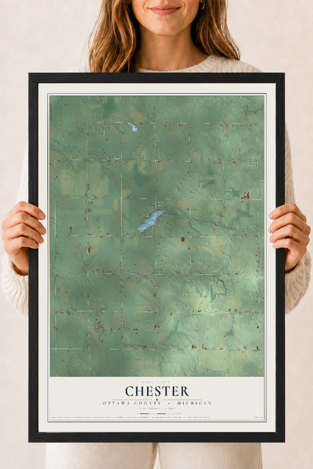 Map of Chester, Ottawa County, Michigan, 18 x 24 inch print in a black wood frame