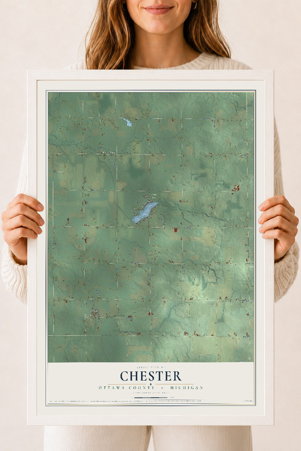 Map of Chester, Ottawa County, Michigan, 18 x 24 inch print in a white wood frame