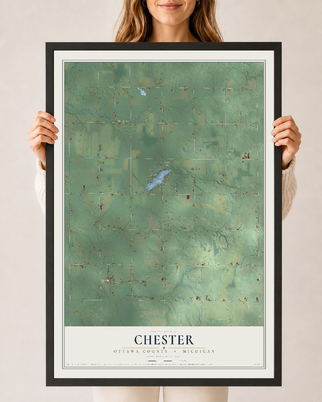 Map of Chester, Ottawa County, Michigan, 24 x 36 inch print in a black wood frame