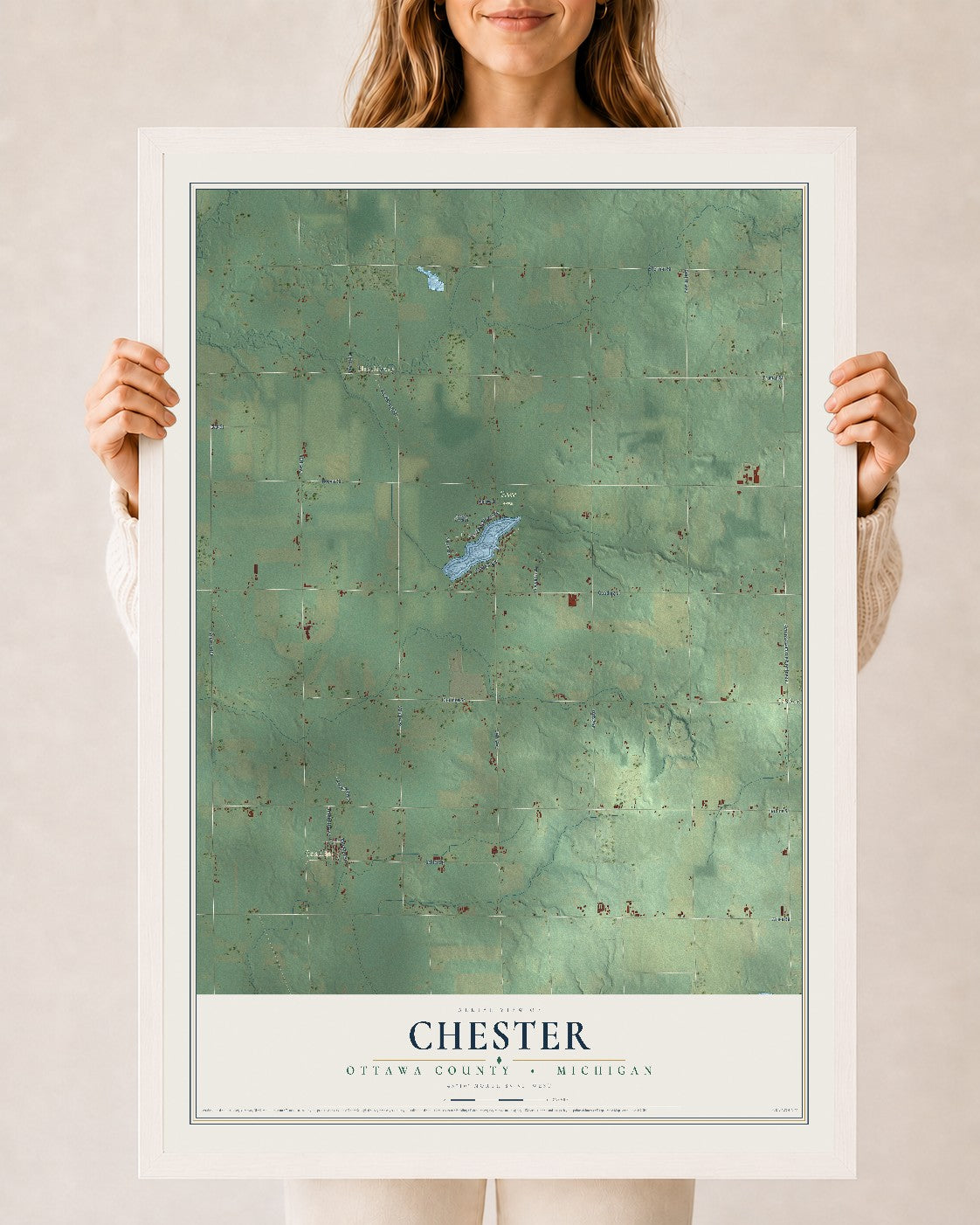 Map of Chester, Ottawa County, Michigan, 24 x 36 inch print in a white wood frame