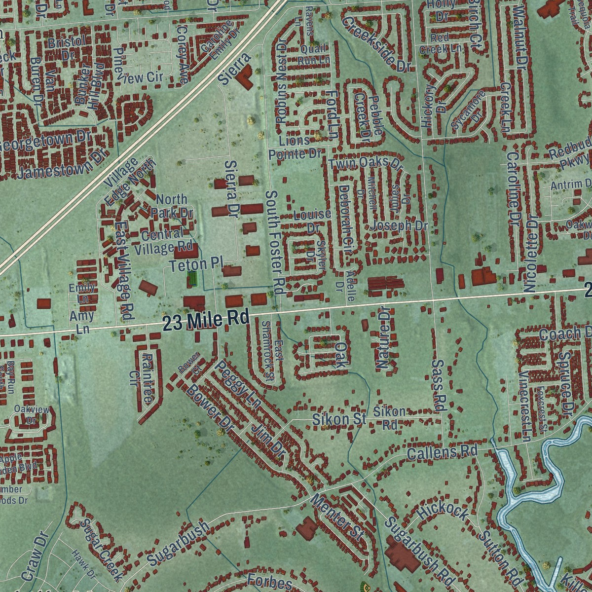 Close-up of the map of Chesterfield, Michigan print showing street and building detail