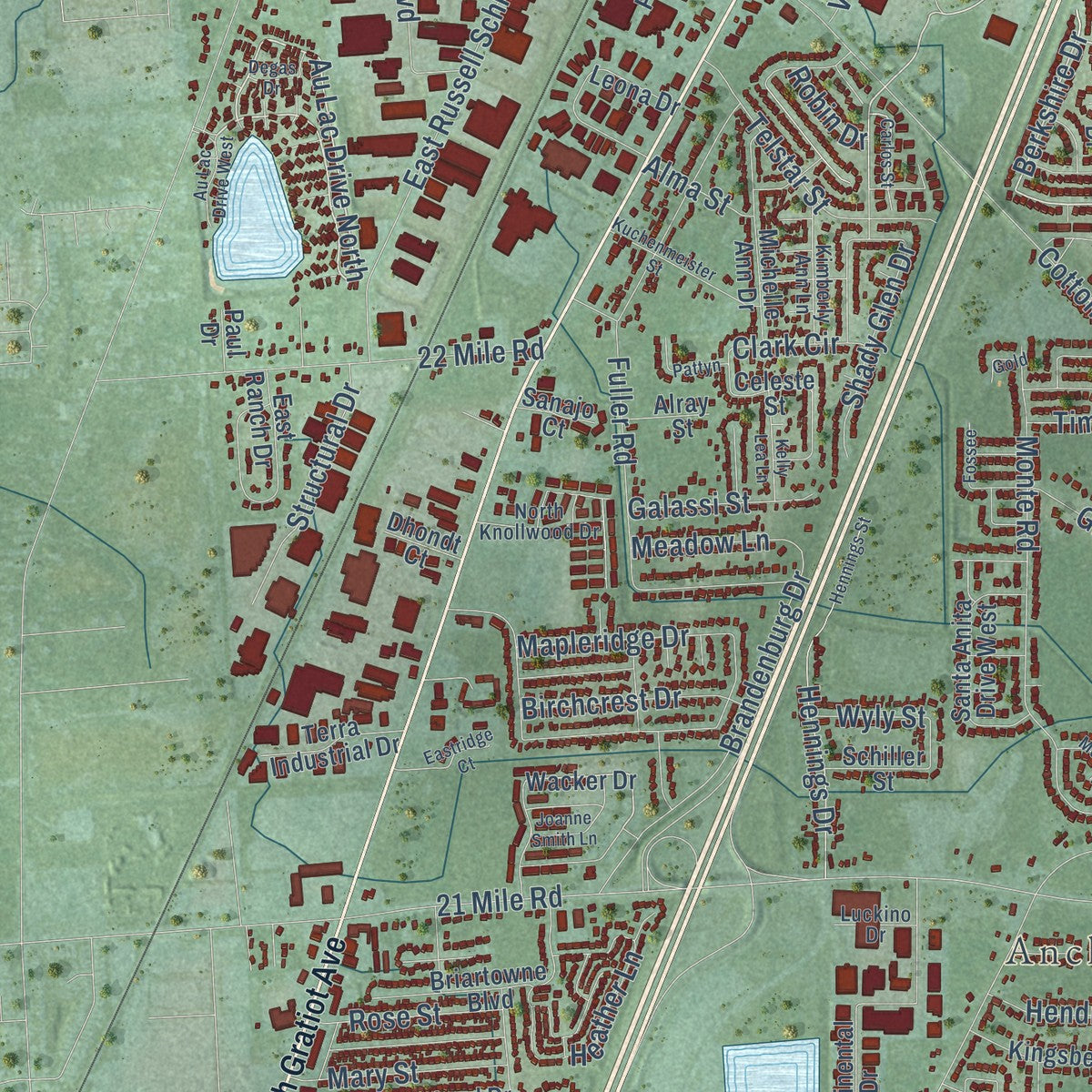 Second close-up of the map of Chesterfield, Michigan print showing more streets and buildings